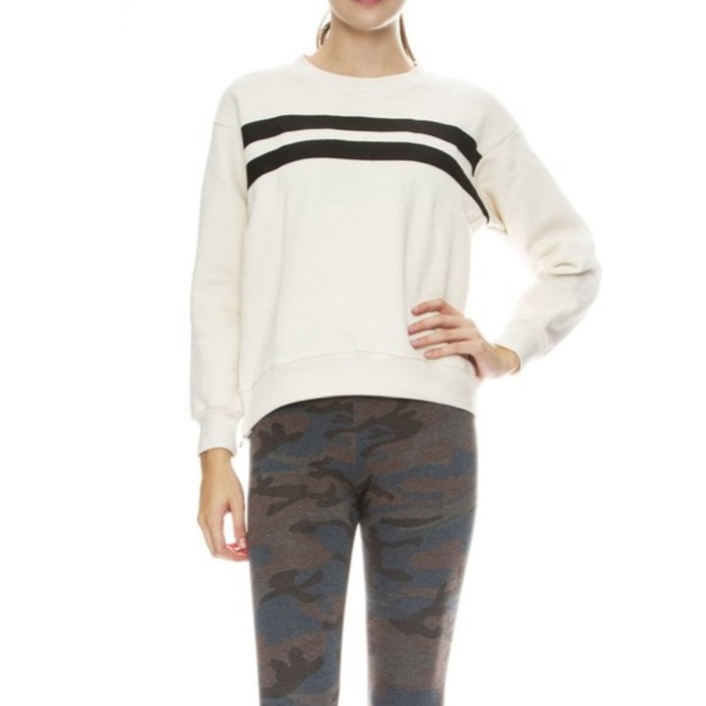 SUNDRY Side Zip Sweatshirt in Bone Stripe (Off-White / Black)